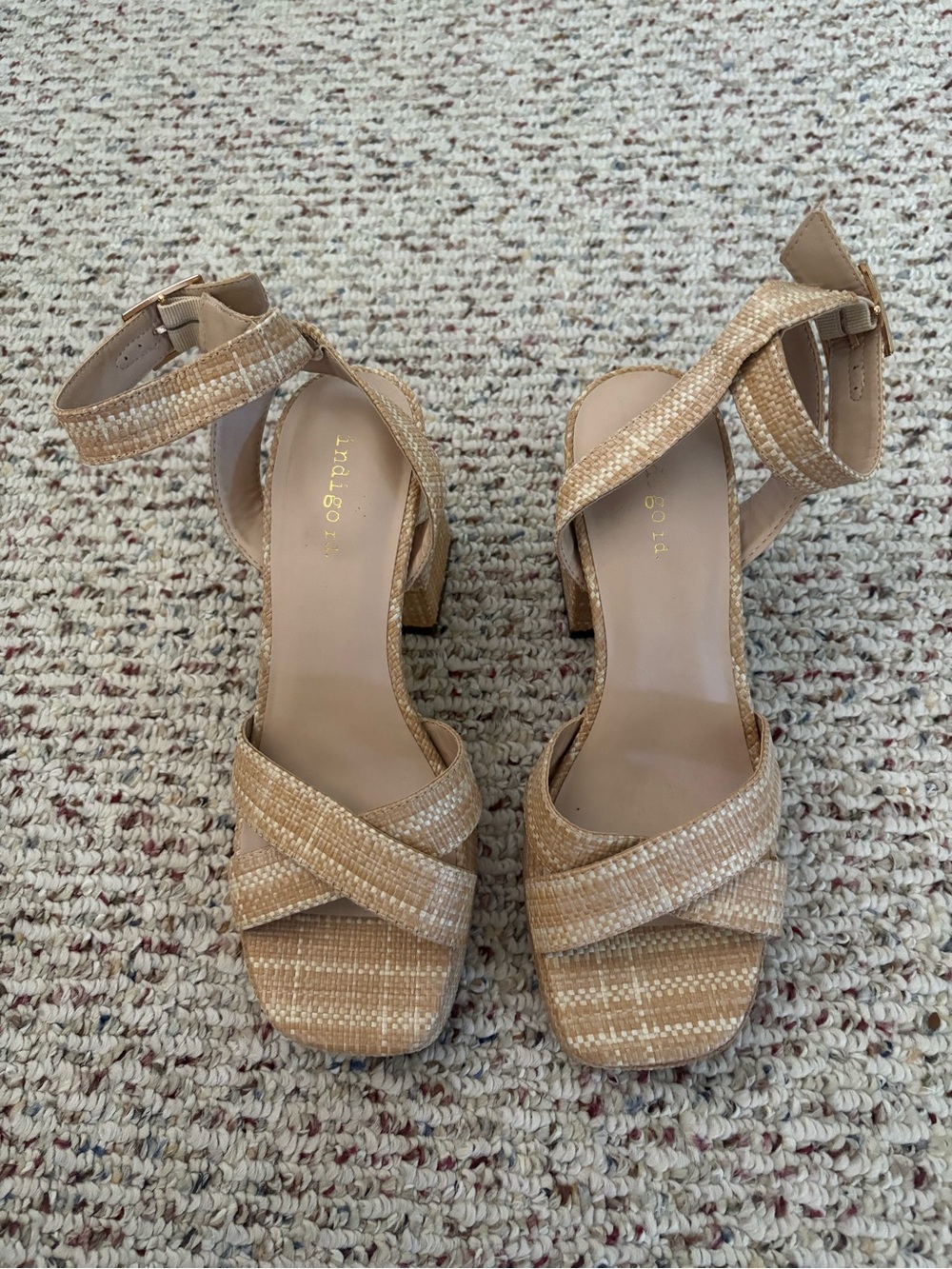 Indigo Woven Tan Crisscross Ankle Strap Block Heels